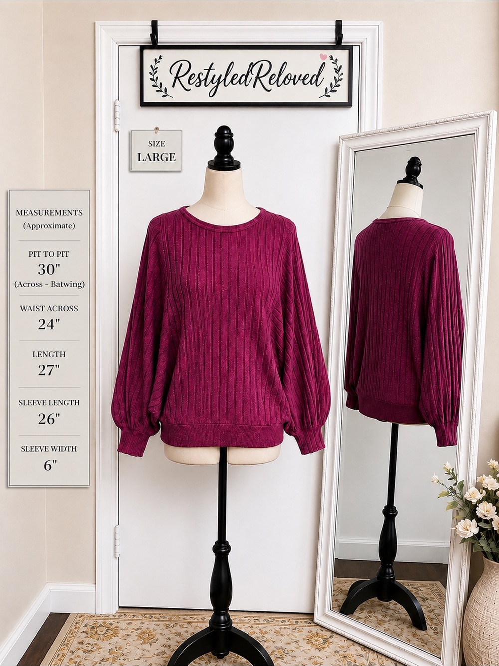 Yesfashion Batwing Ribbed Sweater Rose Red Size Large NWOT